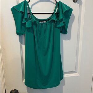 NWT - New York & Company 7th Avenue Teal Ruffle Sleeve Open Shoulder Blouse